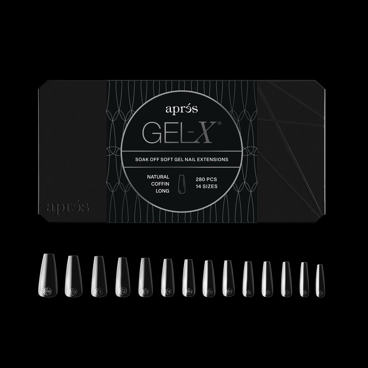 Apres Gel-X? Coffin Box of Nail Tips | 280 Soft Gel Tips, 14 Sizes 00-9 | Half-sizes Included (Natural Coffin Long, 280 Count)