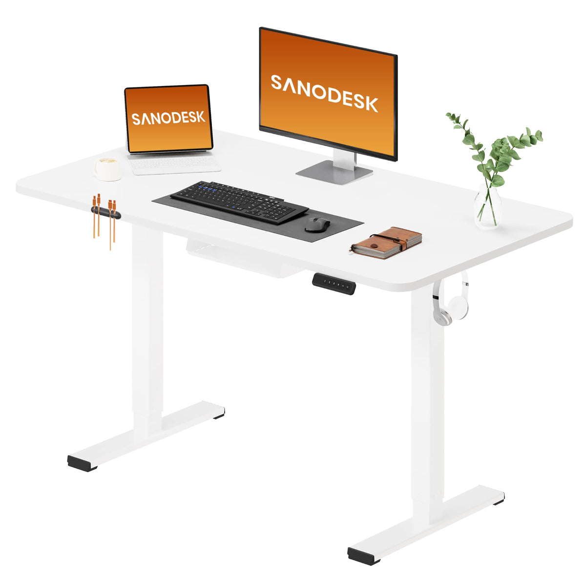 SANODESK Electric Standing Desk 110 * 54 One Piece Height Adjustable Desk With Memory Smart Panel Sit Stand Table With Hooks for Home Office, White