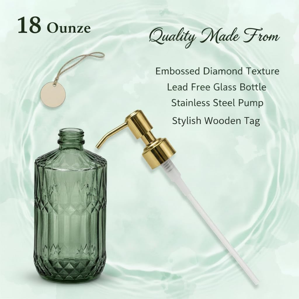 Gem Patterned Glass Soap Dispenser Bottle with Pump, 18Oz Refillable Liquid Hand Jar Dispenser for Bathroom, Countertop, Kitchen, Laundry Room (Green)