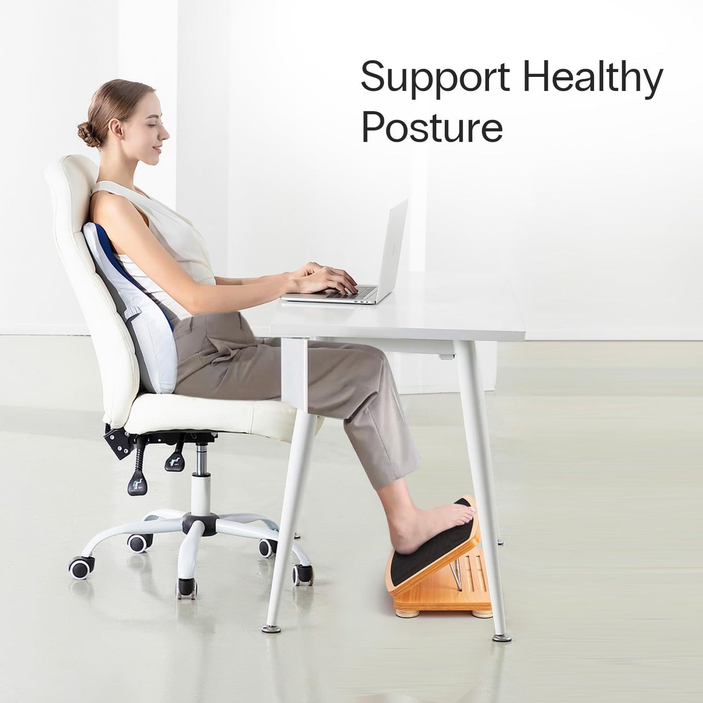 StrongTek Height Adjustable Footstool Ergonomic Wood Footrest Office
