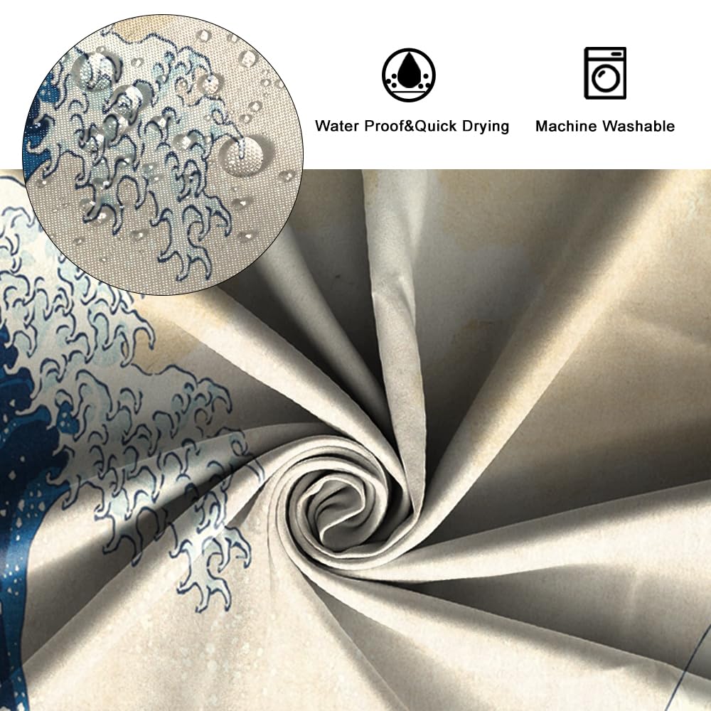 SDOTPMT 65x72inch Japanese Ocean Waves Shower Curtain Abstract Sea Wave Wooden Boat Bath Curtain Ukiyo-e Theme Fuji Mountain Bathtub Curtain for