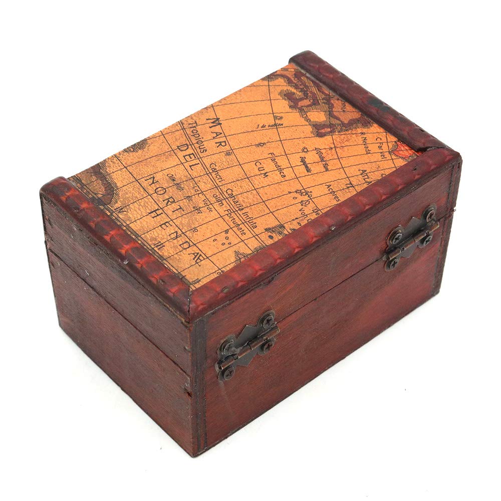 POFET Vintage Metal Lock Wooden Storage Box Jewelry Treasure Organizer Chest Case Gift Box - Map