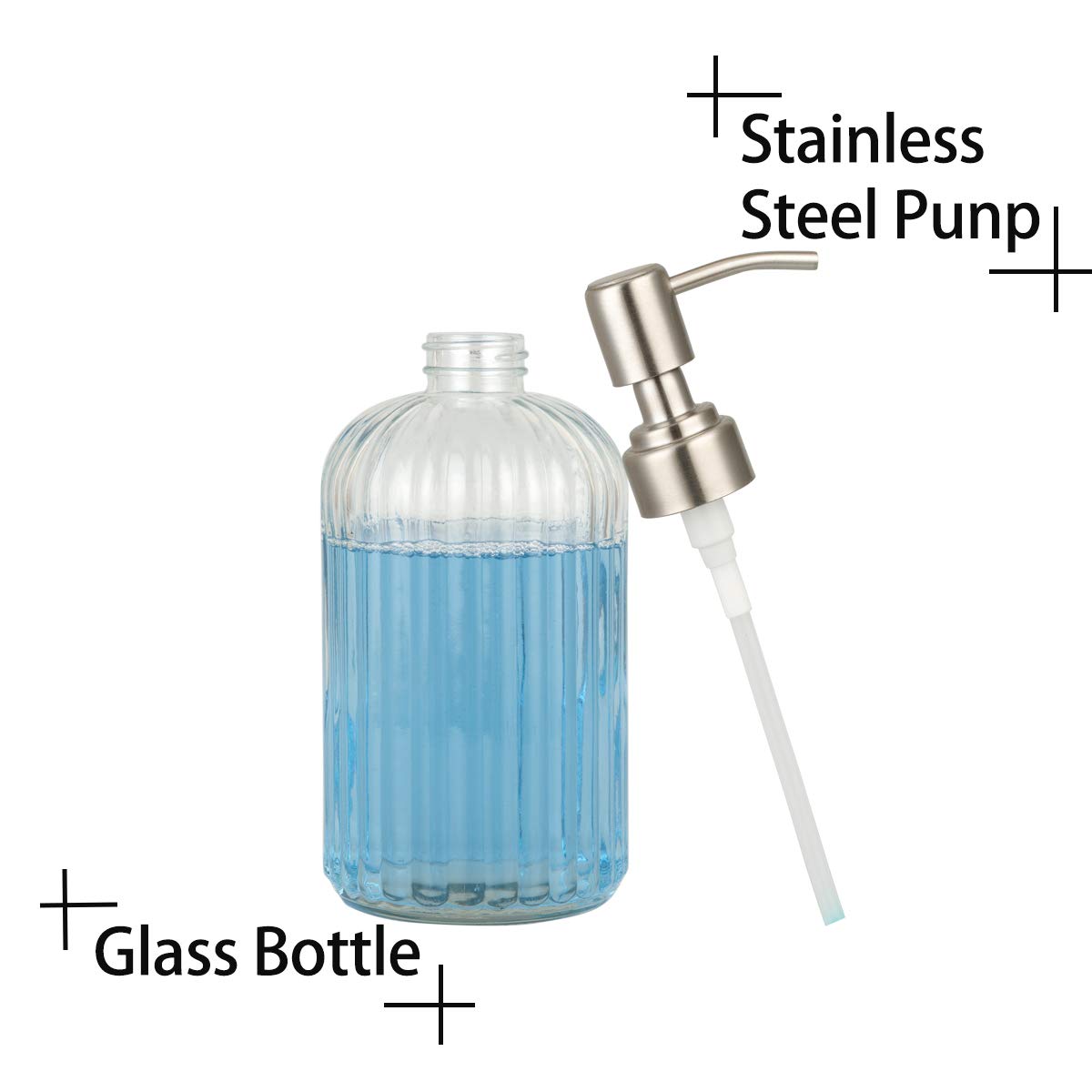 Plomkeest Glass Soap Dispenser 14oz Clear Glass Jar Soap Dispenser with Rust Proof Stainless Steel Pump Liquid Soap Dispenser for
