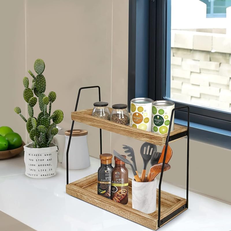 BRAVECOW Coffee Station Organizer, Desktop Table Surface Shelf Stand Wooden Display Storage Rack 2 Tier Condiment, Makeup Tools