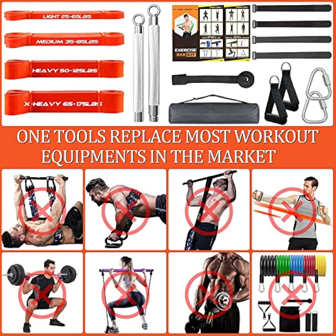 DASKING Resistance Bands Set with 75cm Detachable Exercise Bar, 4 Different Level Pull Up Bands - Fitness Workout Bars Kit for Strength Training, Pilates, Yoga - Home Gym Sports System Equipment