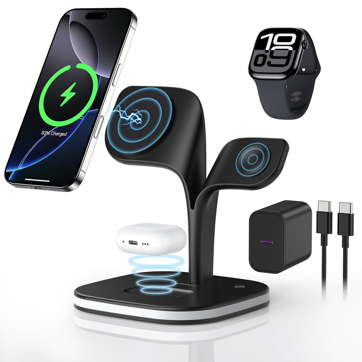 3 in 1 Wireless Charging Station for Apple Devices, MagSafe Wireless Charger Magnetic Charging for iPhone 17/Air/16/15/14/13/12 Series, AirPods Pro