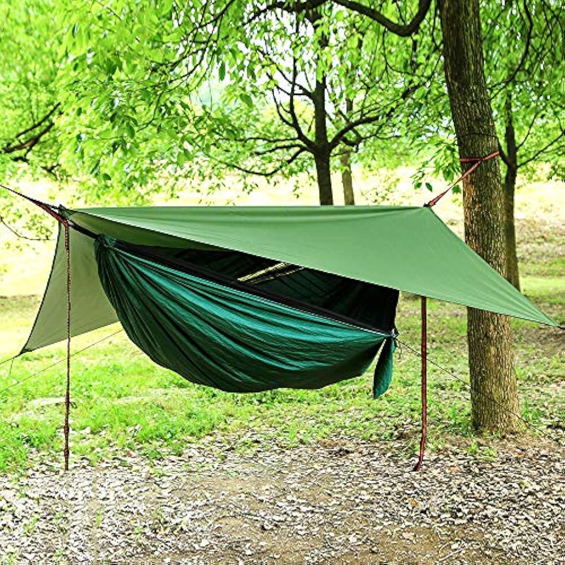 YCD Hammock, Portable Camping Hammock Set, Single/Double, Mosquito Net, Rain Shade Tent, 210T Parachute Nylon, 440 lbs, Dark Green