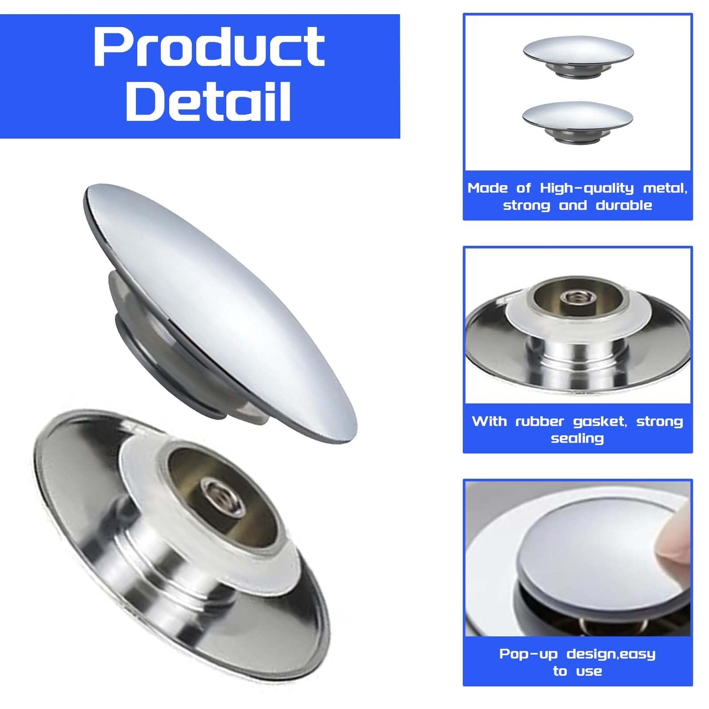 2 Pack Pop Up Sink Plug 66mm Silver Chrome Click Clack Basin Waste Durable
