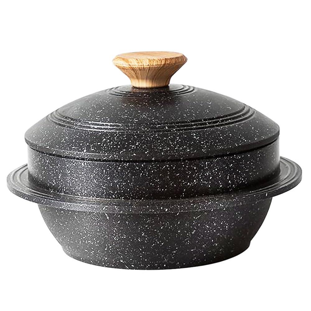 Bobikuke Cast Aluminum Pot with Lid, 24 cm Non-Stick Casserole Dish Korean Stone Bowl Induction Compatible, Black
