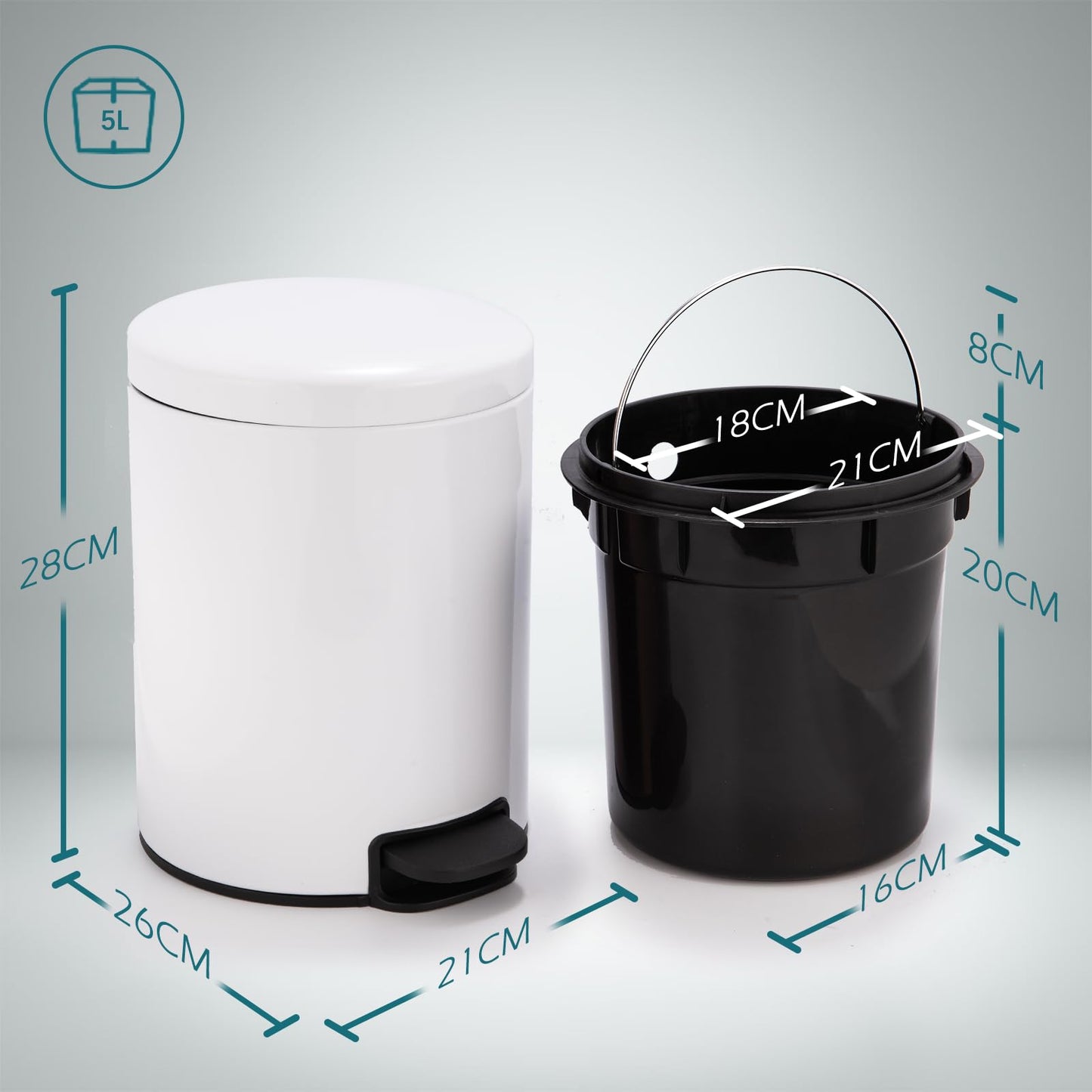 Bathroom Bin with Loo Brush Set, 5L Slim Round Stainless Steel, White