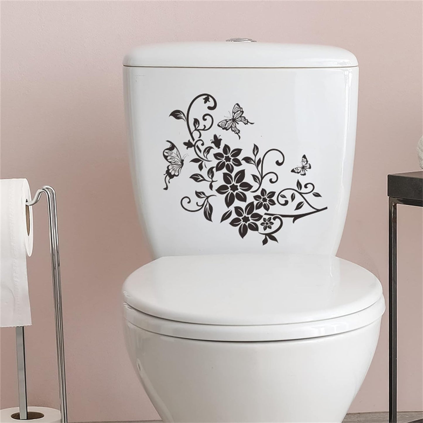 1Pc Black Flowers Butterfly Bathroom Toilet Seat Lid Cover Decals Stickers PVC Sticker Removable Self Adhesive Restroom Decor Art Decoration Toilet