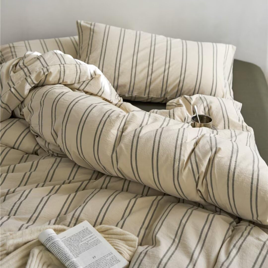 Ruccit Beige Duvet Cover Sets King Size Green Striped 100% Washed Cotton Cream Duvet Cover Double Kids Teens Adult Modern 3pcs Quilt Cover Farmhouse