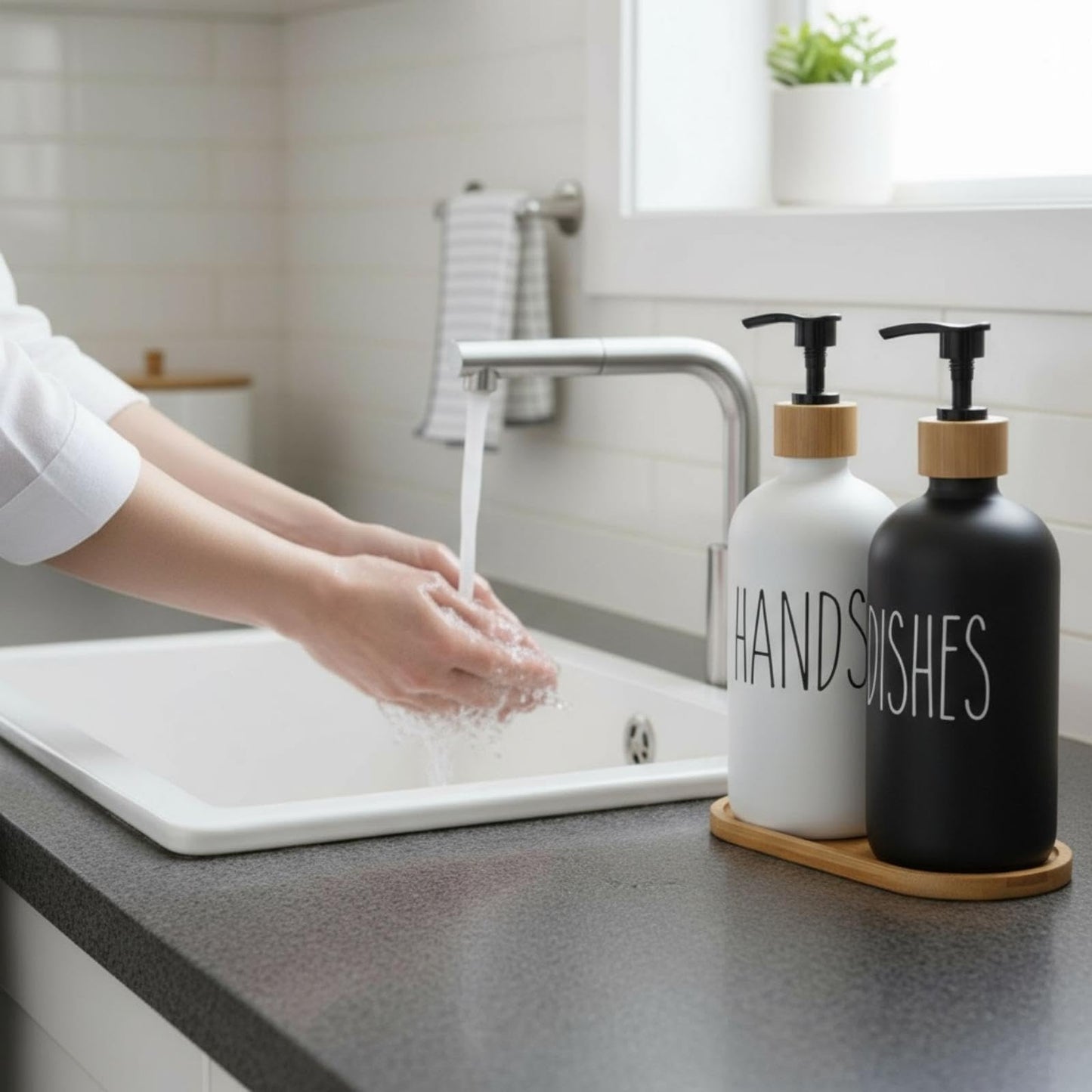 kitchen Soap Dispenser Set, washing up liquid dispenser,Glass Bottle Jar with Bamboo Tray,suitable for Bathroom, Kitchen, Laundry Room