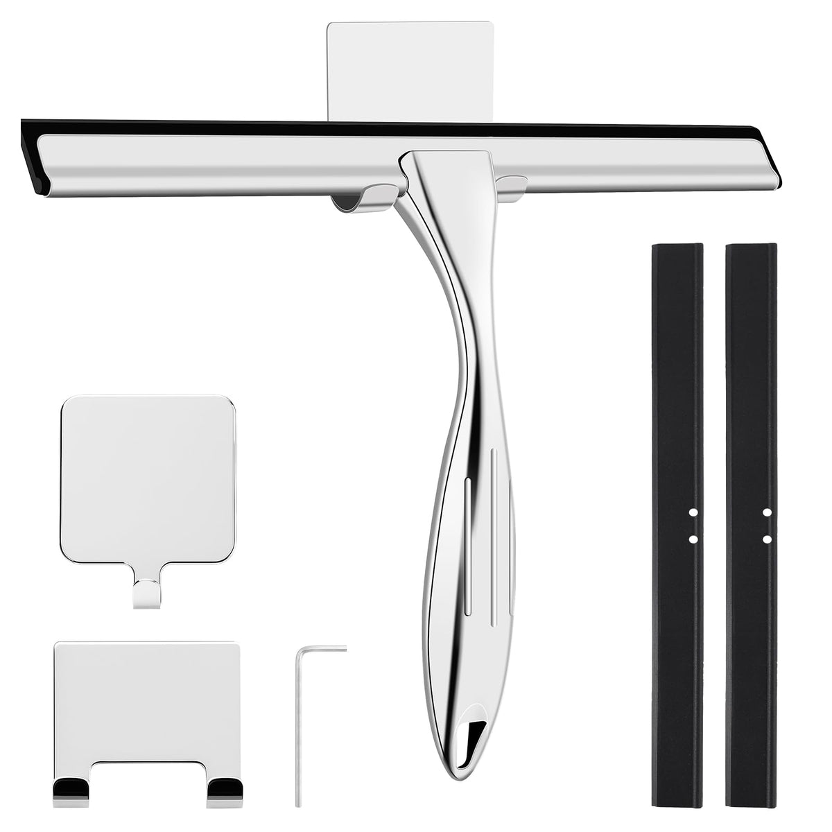 wlich Thboxes Shower Squeegee, 10 Inch Stainless Steel Window Squeegee Cleaner for Shower Glass Door with Hook, Shower Screen Wiper for Bathroom,