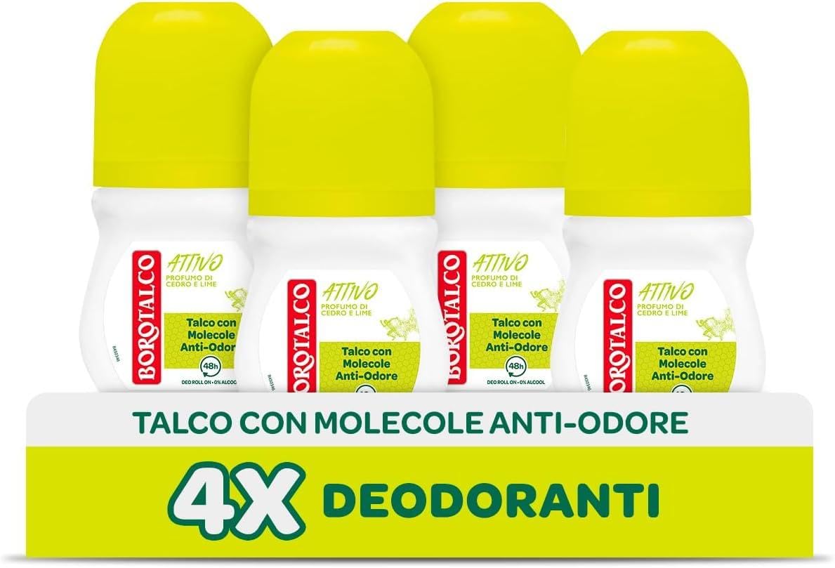 Borotalco, Roll-On Deodorant Active Yellow, Talc with Odour-Inhibiting Molecules, Fresh Effectiveness, 48h Effectiveness, Alcohol-Free, Fragrance of