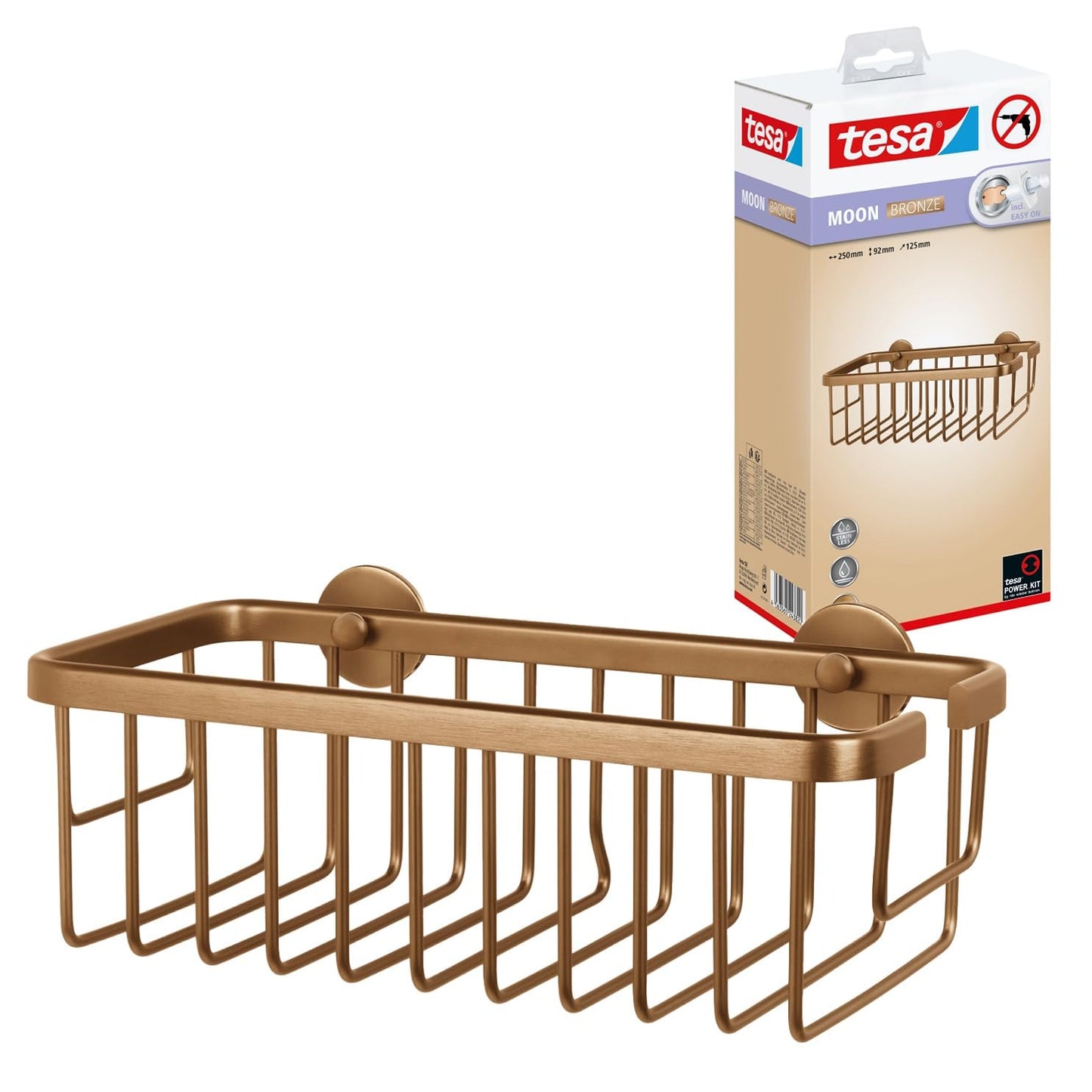 tesa MOON self-adhesive shower caddy in brushed bronze - single tier and extra deep - shower shelf made of PVD-coated metal - drill-free, with