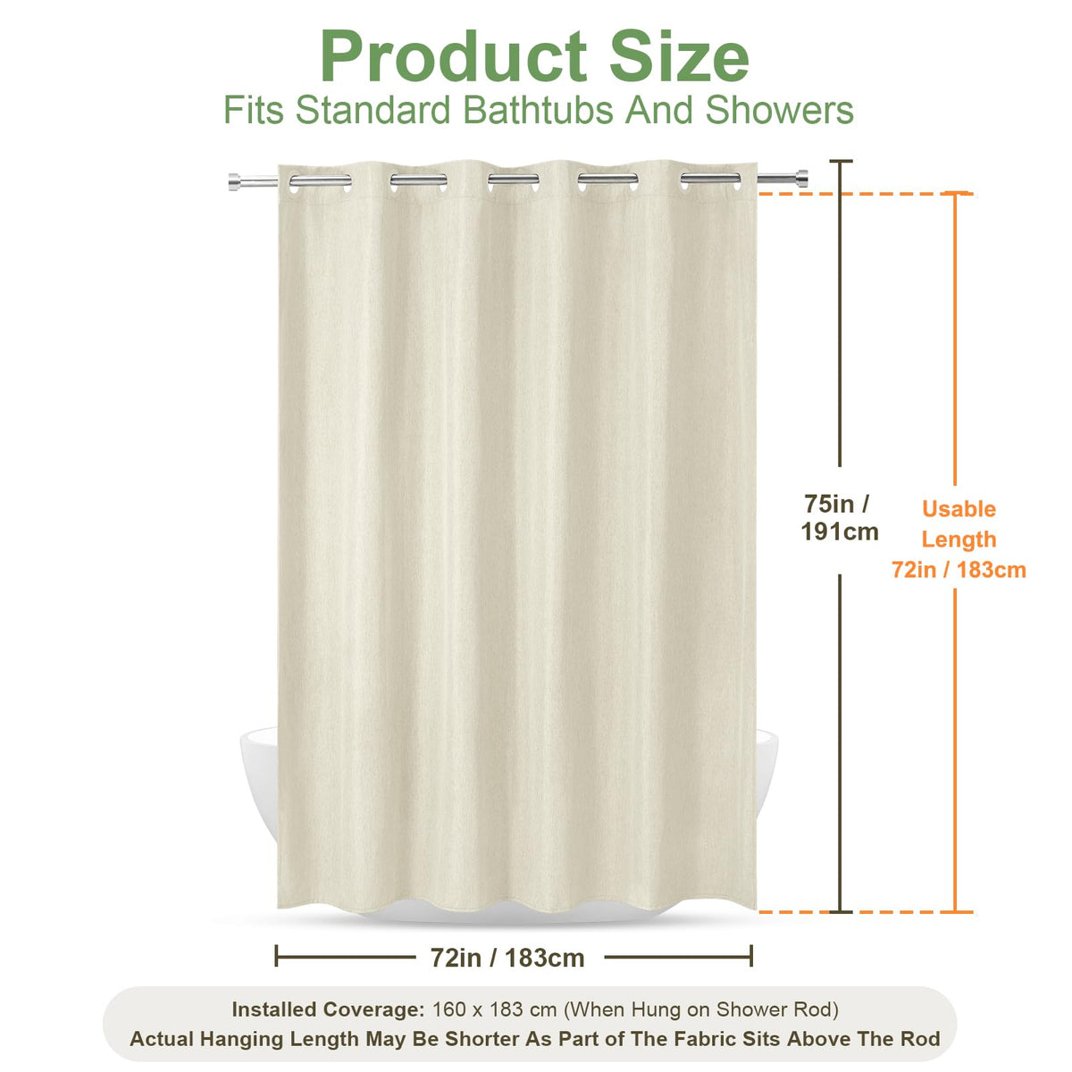 Hotel Style No Hook Rustic Linen Shower Curtain for Bathroom 230GSM Thick Fabric Texture Shower Curtains, Enhanced Waterproof, Weighted Hem
