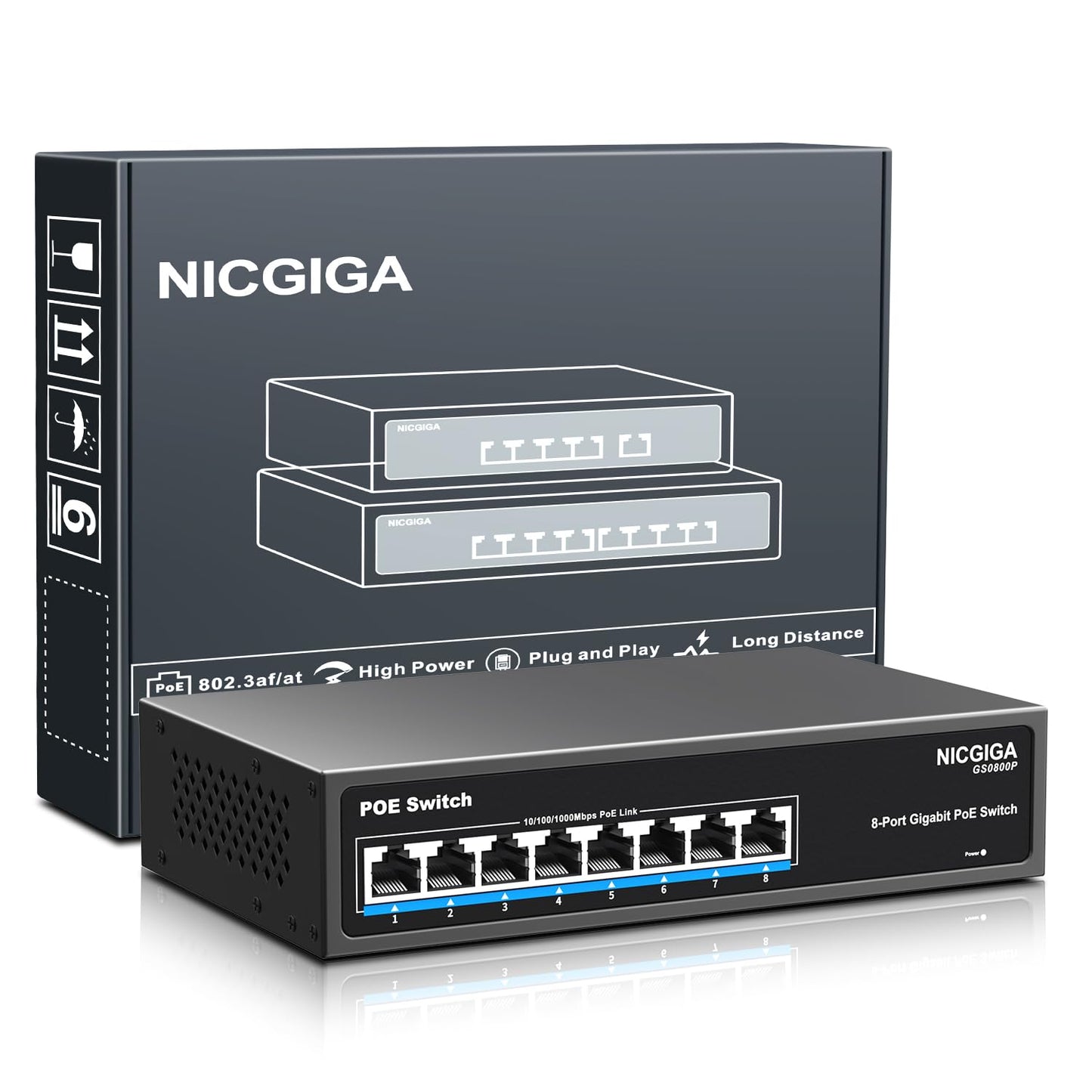 8 Port Gigabit PoE Switch Unmanaged, 8 Ports PoE+@120W, 802.3af/at, NICGIGA 8 Port 1000Mps Network Power Over Ethernet Switch, Fanless.
