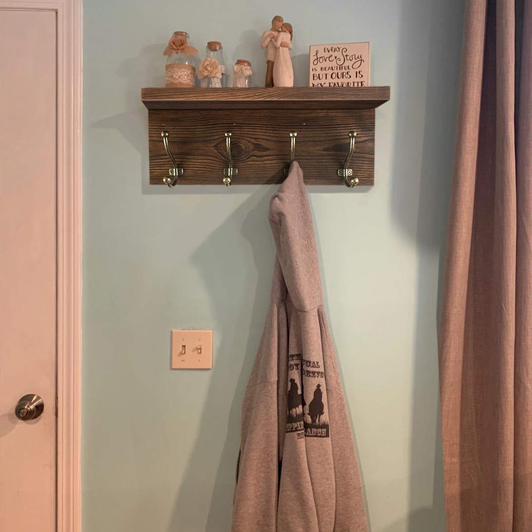 Kolymax Rustic Coat Rack Wall Mounted, Brown Solid Wood Entryway Shelf with Hooks Perfect Touch for Your Mudroom, Kitchen, Bathroom and More