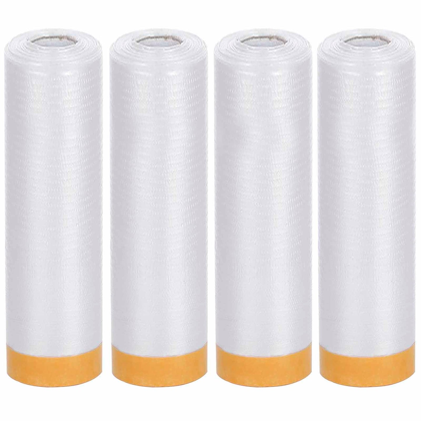 HRJZF 4 Rolls 2.4M x 20M Dust Sheet Rolls,Masking Film Rolls with Self-Adhesive Tape,Plastic Dust Sheet,Drop Film Pre-Taped Masking Film for Painting