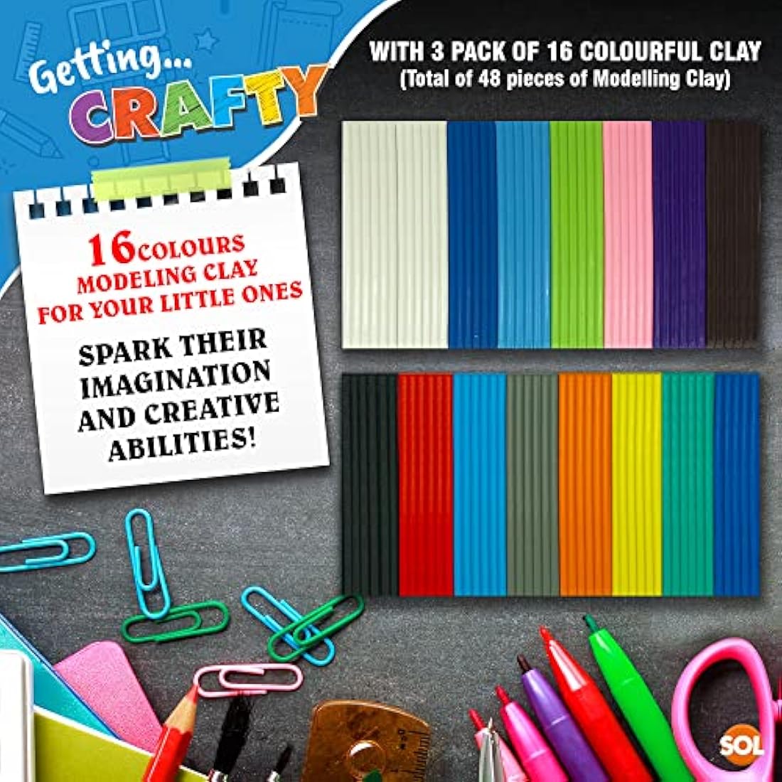 SOL 3pk Modelling Clay 16 Assorted Colours – Soft Clay Kit for Kids – Promotes Creativity & Sensory Play – Ideal for Crafts, School Projects, Anxiety Relief, Gifts, and Party Giveaways