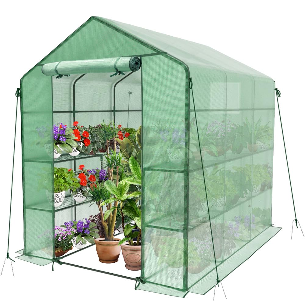 VOUNOT? Walk In Greenhouse with Shelves, Portable Plastic Green House for Garden & Outside, Large Growhouse, Green 143x215x195cm