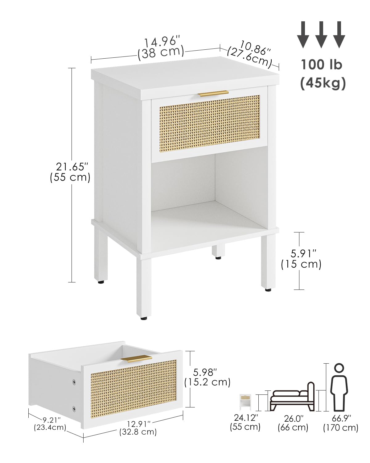Apetaccat Rattan Bedside Table, Side Table with Open Storage Shelf, White