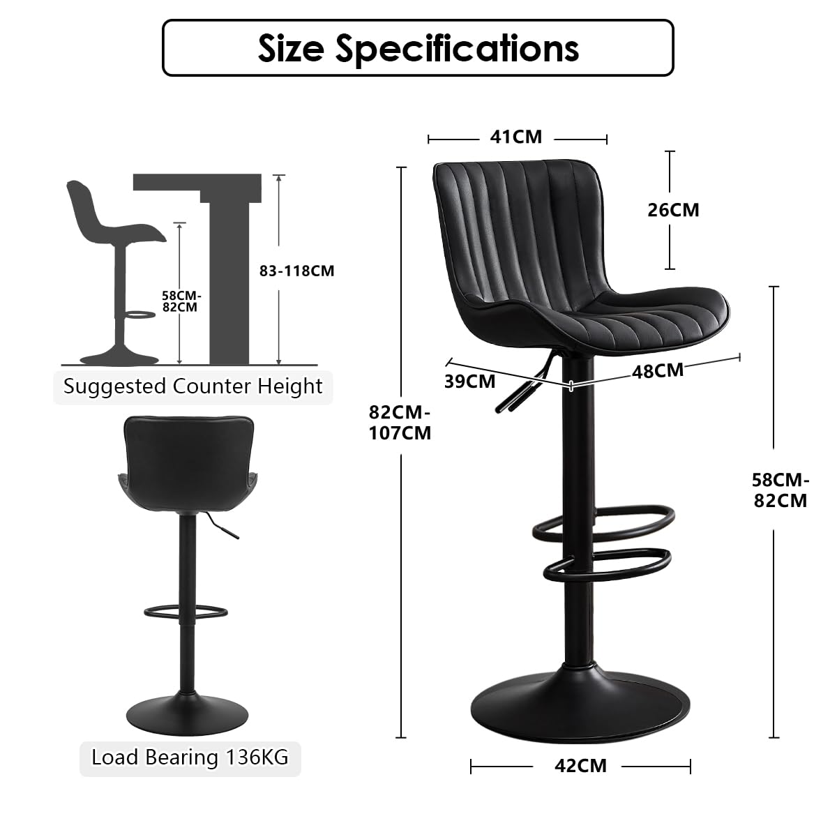 Kidol&Shellder Bar Stools Set of 2 Modern Breakfast Bar Stools, Black