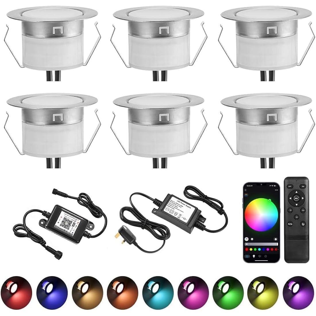 GEYUEYA Home LED Decking Lights RGB Ø45MM 12V 0.5W WiFi LED Decking Patio Lighting for Terrace Kitchen Outdoor Indoor Lamps with Remote Control - 6 Packs