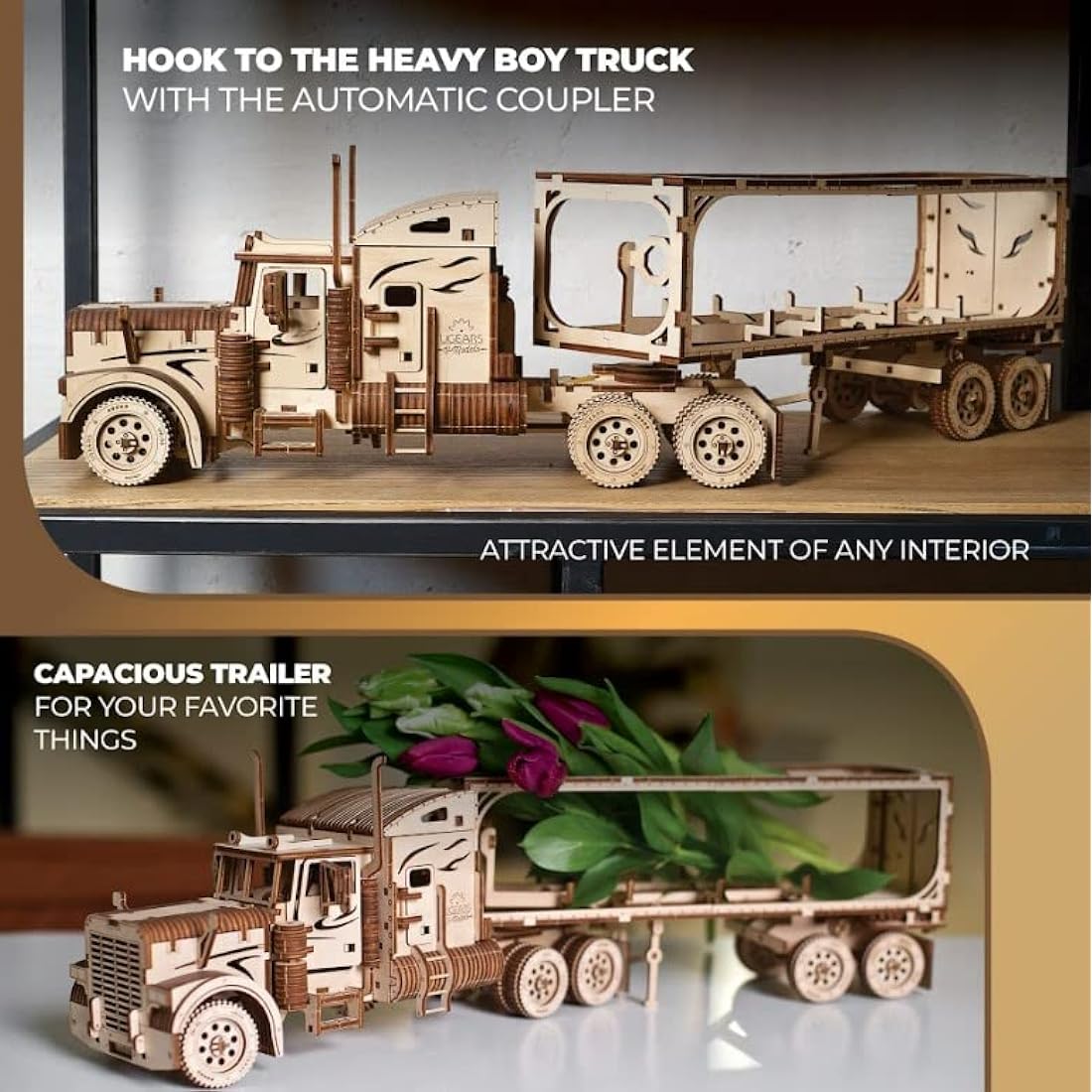 UGEARS Trailer for Heavy Boy Truck VM-03 - Wooden Model Kits for Adults to Build - Mechanical Cargo Trailer with 8 Wheels Car Model Building Kits 3D Wooden Puzzles for Adults for Fathers Day - 138 Pcs