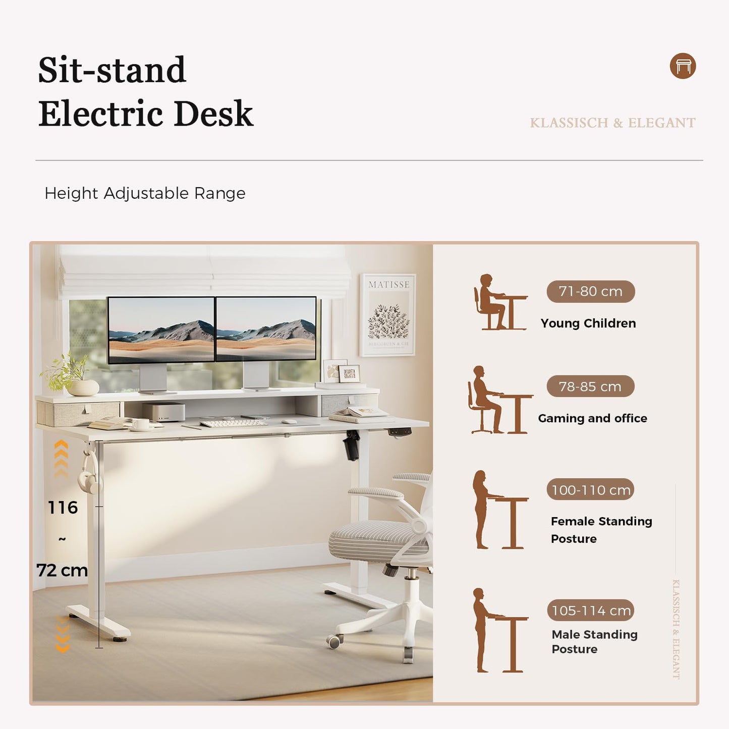 Klicelor Electric Height Adjustable Desk, with 2 Fabric Drawers, 100x60cm
