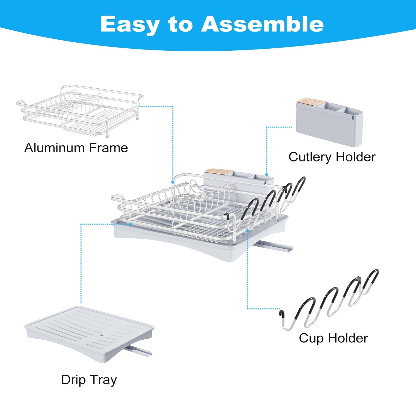 BRIAN & DANY Aluminum Dish Drying Rack, Dish Drainer with Removable Cutlery Holder & Cup Holder, Unique 360 Swivel Spout Drain Board, Grey