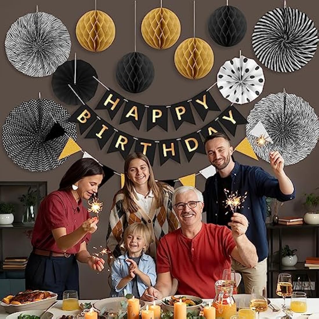 Black Gold Birthday Decorations Kit Reusable Mens Birthday Party Decorations Reusable Black & Gold Banner Bunting Honeycomb by Wonsta