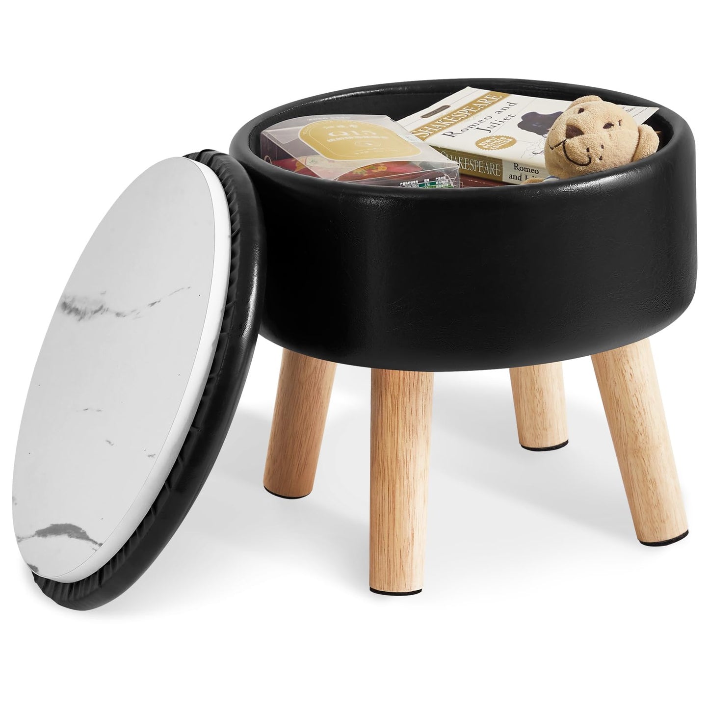 IBUYKE 13 Inch Small Footstool Ottoman with Storage, Round Pouffe Foot Rest with Padded Seat and Wood Legs
