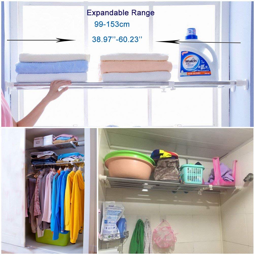 BAOYOUNI Expandable Shelf Airing Cupboard Tension Rod Extendable Wardrobes Rail Top Refrigerator Kitchen Bathroom Wall Storage Rack Organiser Heavy