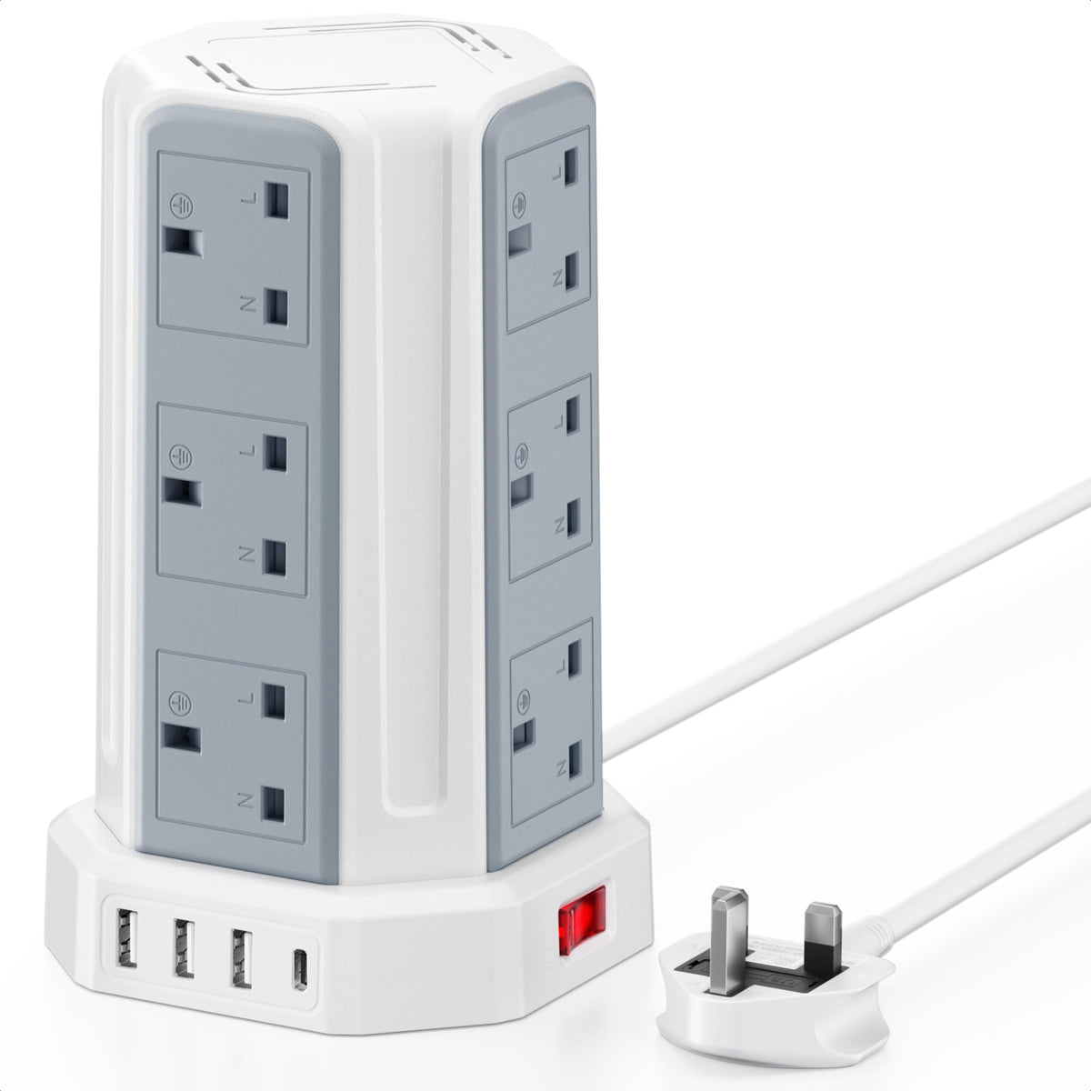 Tower Extension Lead, Aodeng 12 Way Extension Tower Multi Plug Extension Sockets with 4 USB Slots, [13A 3250W] Surge Protector Long Extension cable