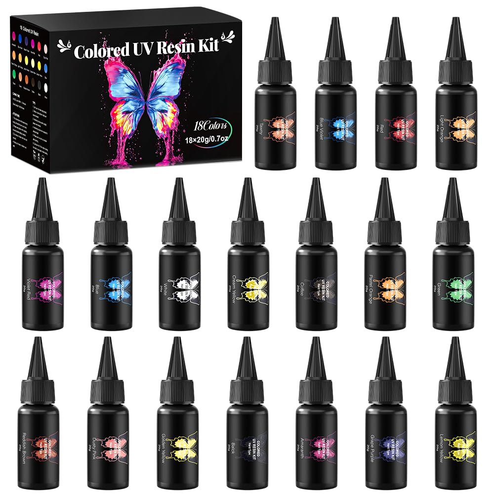 Minlebao 18 Colors UV Resin Kit - Fast Curing Crystal Clear Epoxy Resin for Jewelry Making, DIY Crafts, Nail Art ?High-Hardness & Safety (20g/0.68oz