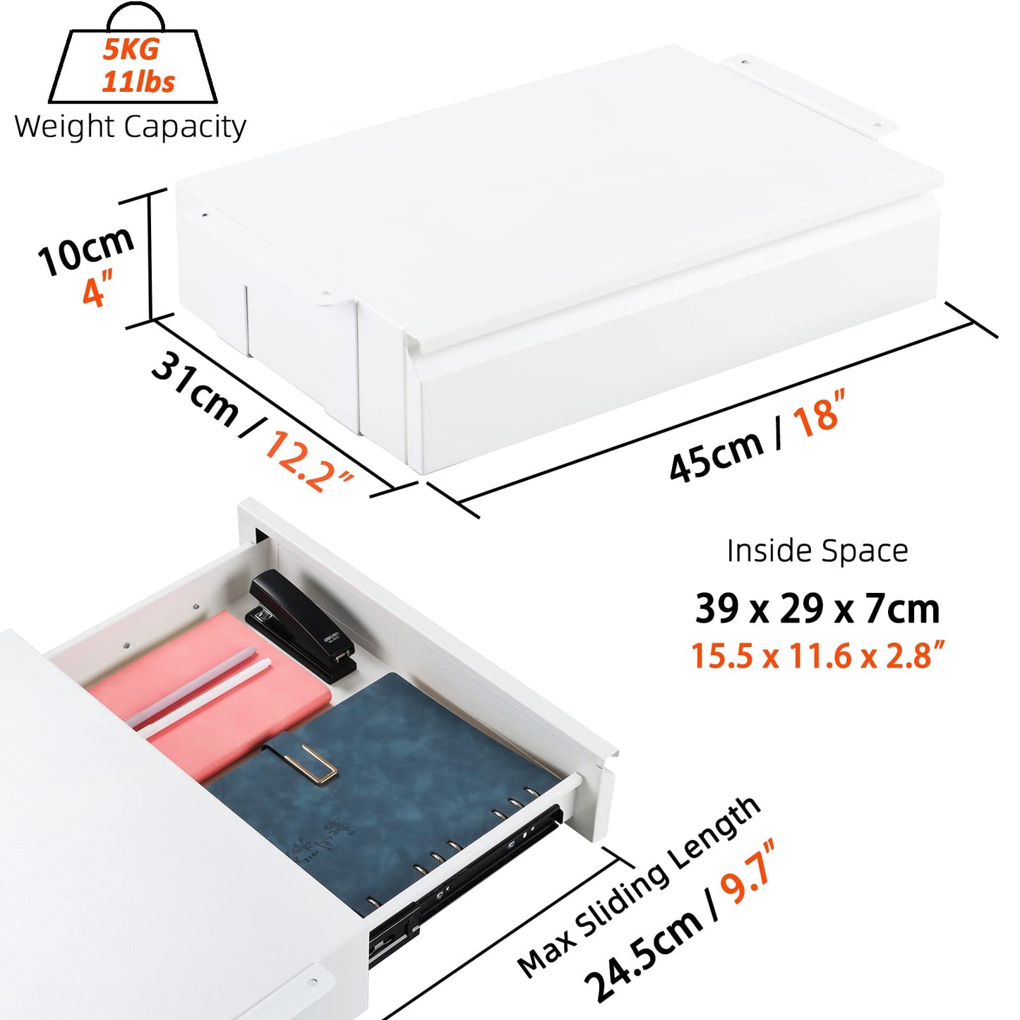 OSteed Large Under Desk Metal Drawer 45cm, Office Under Shelf Drawer, White