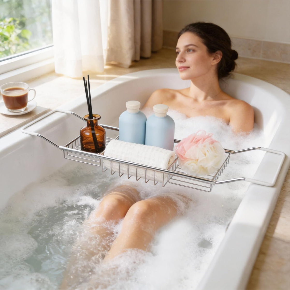 Operitacx Extendable Stainless Steel Bathtub Tray, Versatile Shower Tub Tray, Adjustable Bath Shelf Rack for Bathroom Storage Phone Holder Book Rest