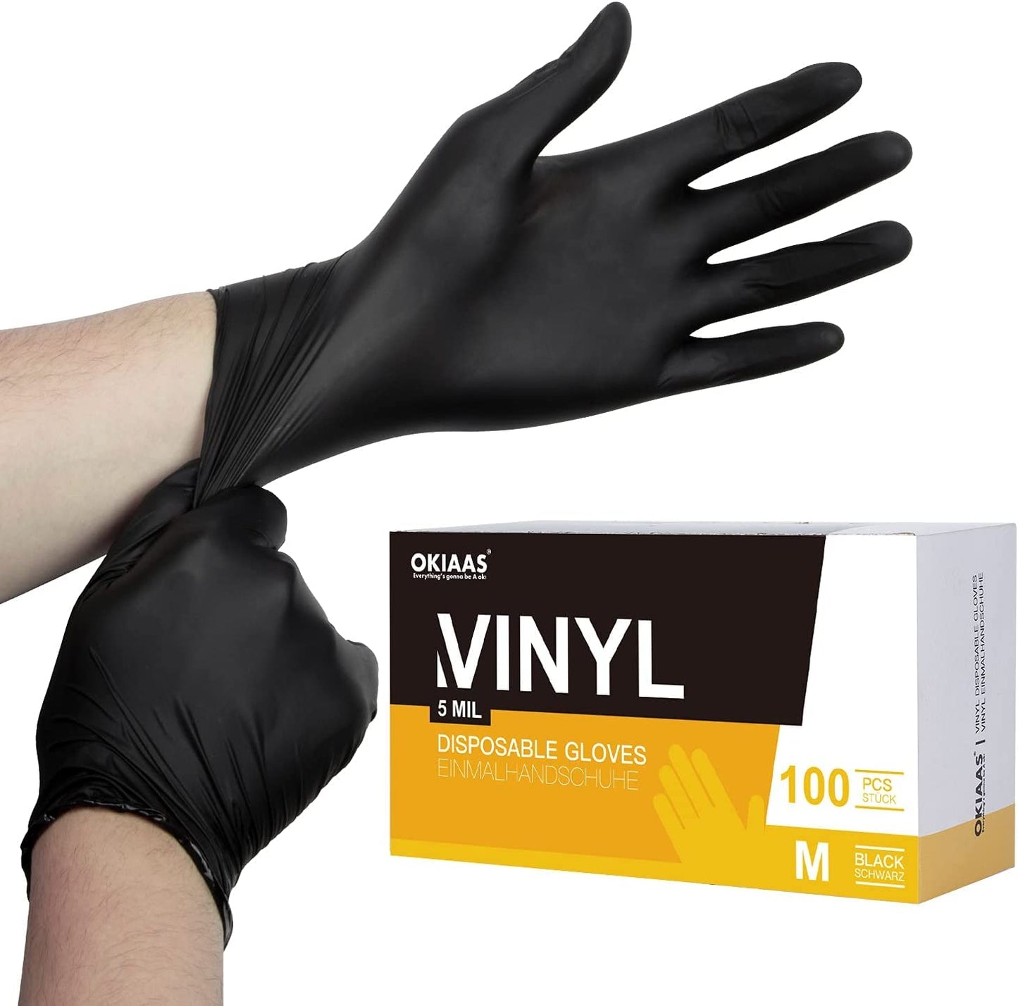 OKIAAS Black Gloves Medium, Vinyl Gloves Latex Free, 5 mil, 100 Count, for Food Prep, Household Cleaning, Hair Dye, Tattoo