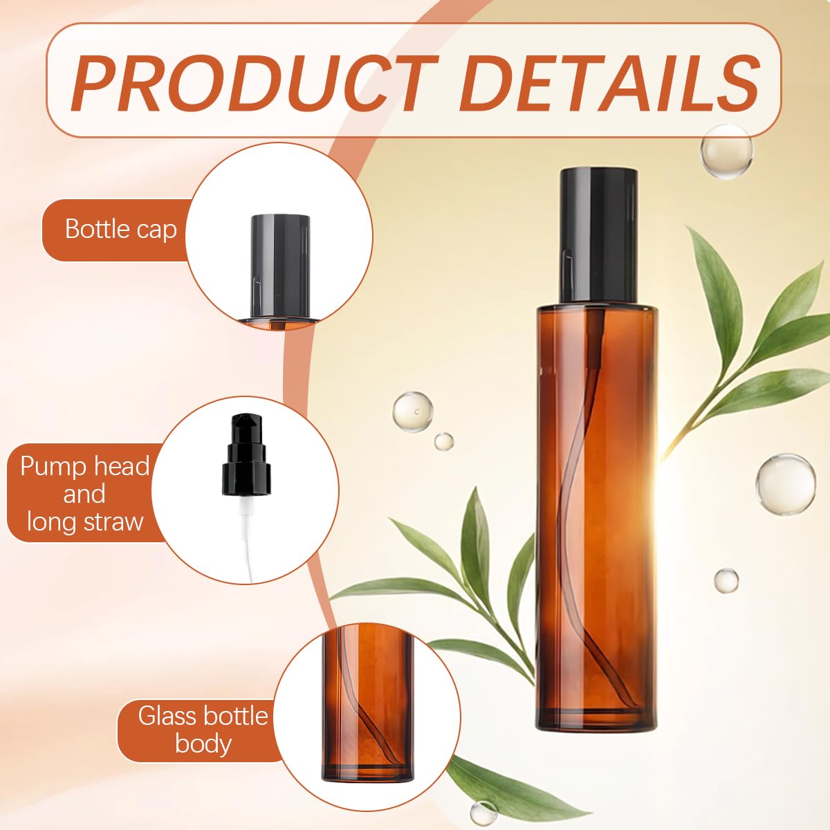 2PCS 100ml/3.3oz Empty Refillable Amber Glass Lotion Pump Press Bottles Soap Dispensers Containers Jars with Black Cap for Foundation Cream Makeup