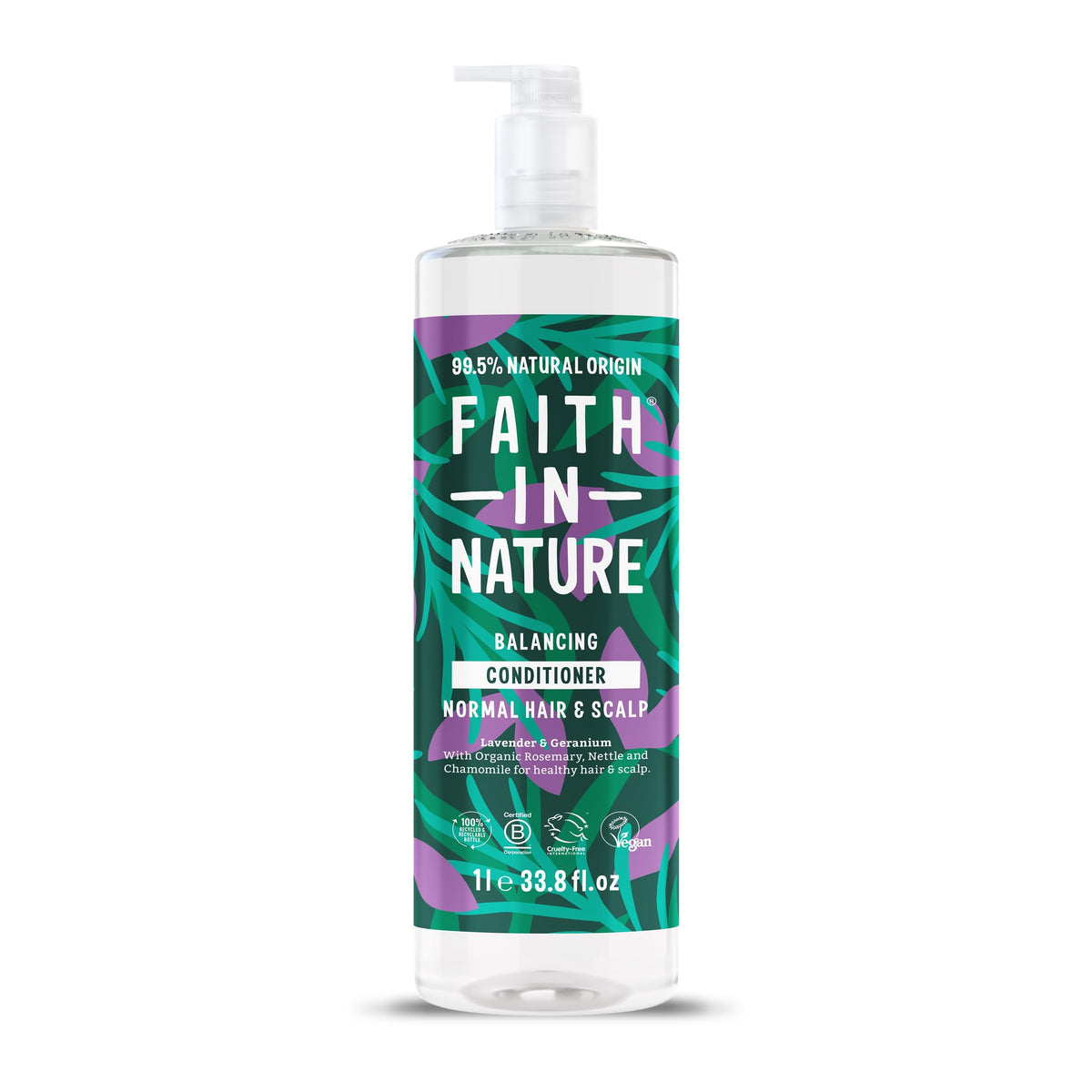 Faith In Nature 1L Natural Lavender & Geranium Conditioner, Balancing for Normal Hair & Scalp, Vegan & Cruelty Free, No SLS, Silicones or Parabens,