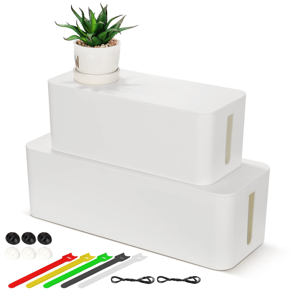Cable Tidy Box, 2 Sets of Larger Cable Organizer Box White ABS Material for Hiding Messy Cables Wire Management Storage 16"x 6.2"x 5.4" and 12.6"x