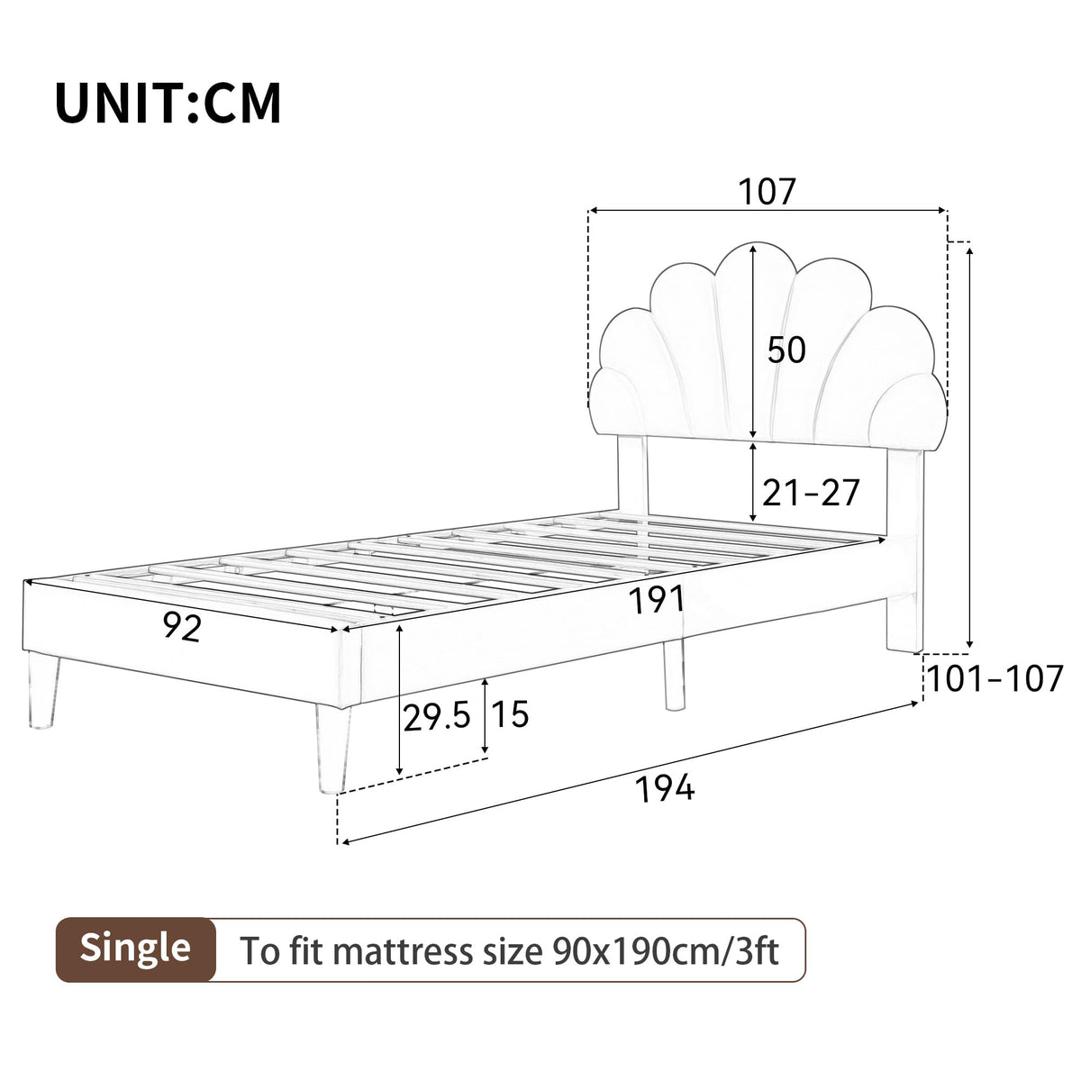 Ball & Cast Single bed frame, 3ft Single Upholstered Bed, Adjustable Chic Petal Headboard, Sturdy Wooden Slat Support, Velvet Fabric (No Mattress)