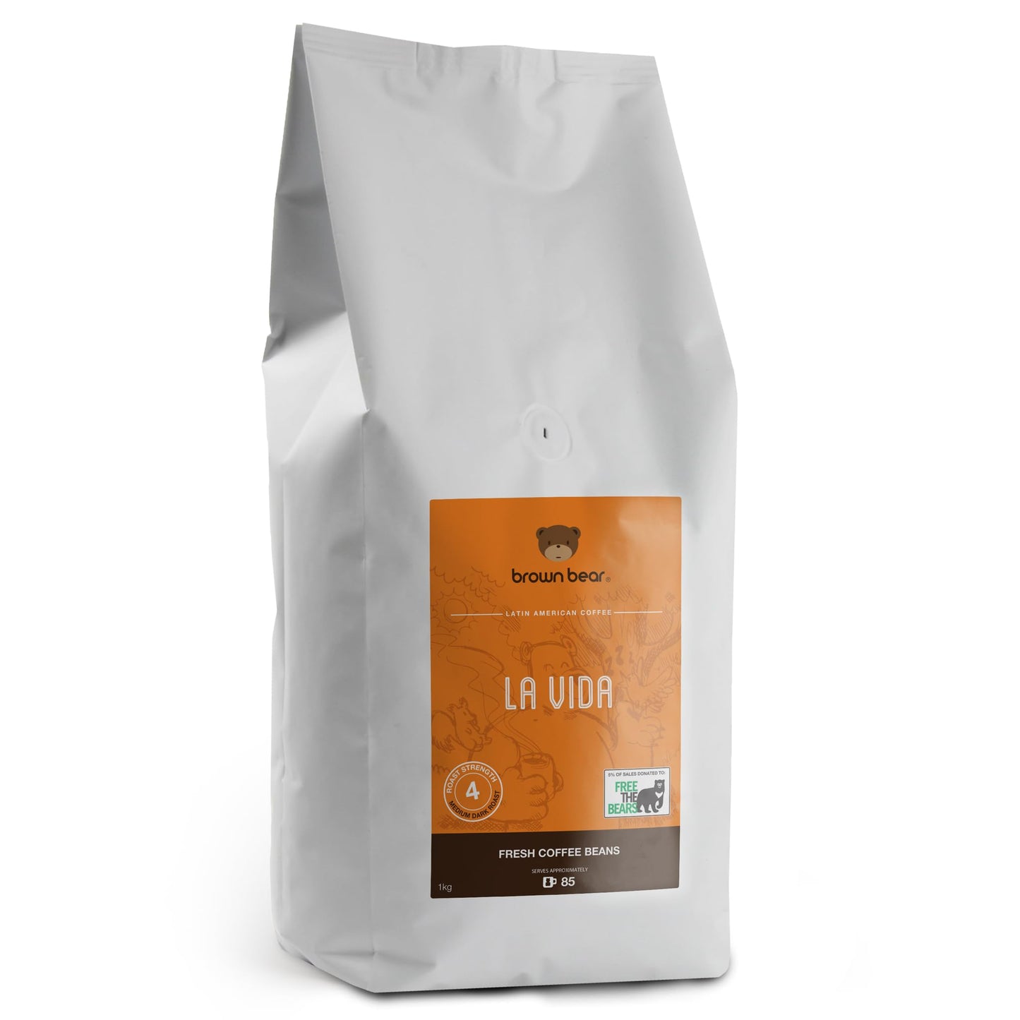 Medium Dark Roast Crema Strong Espresso Coffee Beans 1kg - Brown Bear La Vida Blend - For All Coffee Machines - Strength 4 - Donation to Free The
