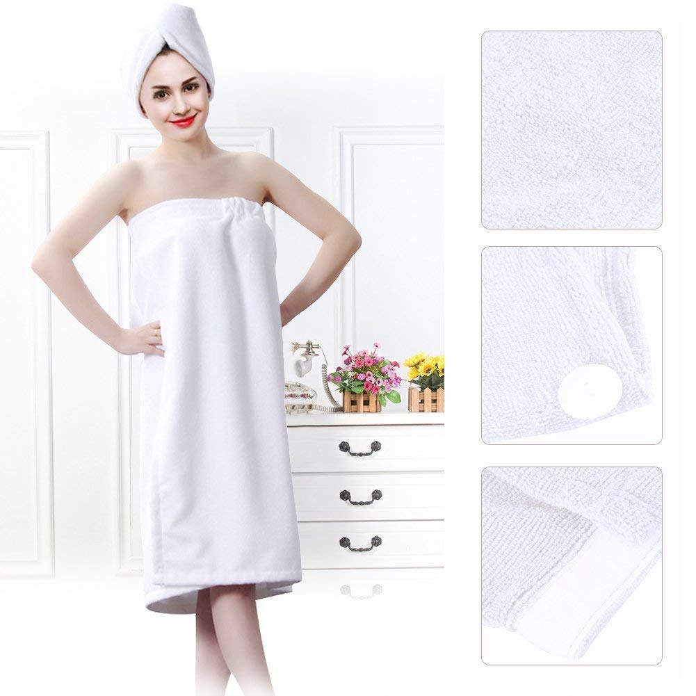 ZJchao Bamboo Cotton Bath Towel Wrap for Women Adjustable Spa Shower Robe with Hair Turban White Absorbent Pool Gym Cover Up Set