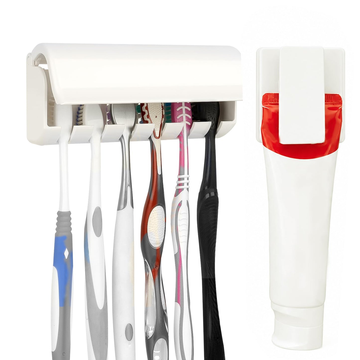 Linkidea 6 Slots Toothbrush Holder with Dustproof Cover & Toothpaste Clip, Plastic Self-Adhesive Brush Hanger for Shower
