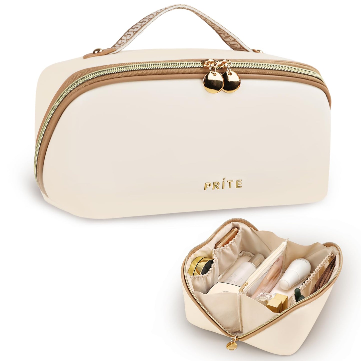 Prite Large Capacity Makeup Bag Portable Travel Cosmetic Bag Waterproof Toiletry Case with Clear Divider and Handle (Beige M)