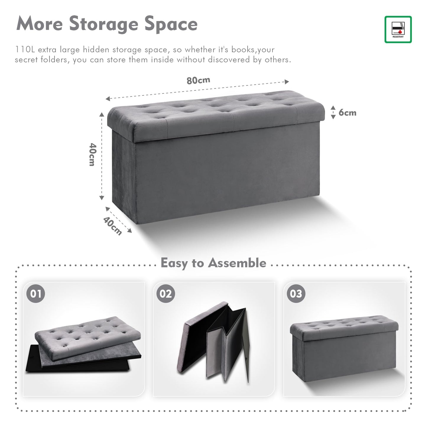 Bonlife Folding Velvet Ottoman Storage Bench,Long Shoes Bench,Footrest Stool Seat,Toy Chest Storage Box with Lid,Footstool for Living Room,80x40x40cm