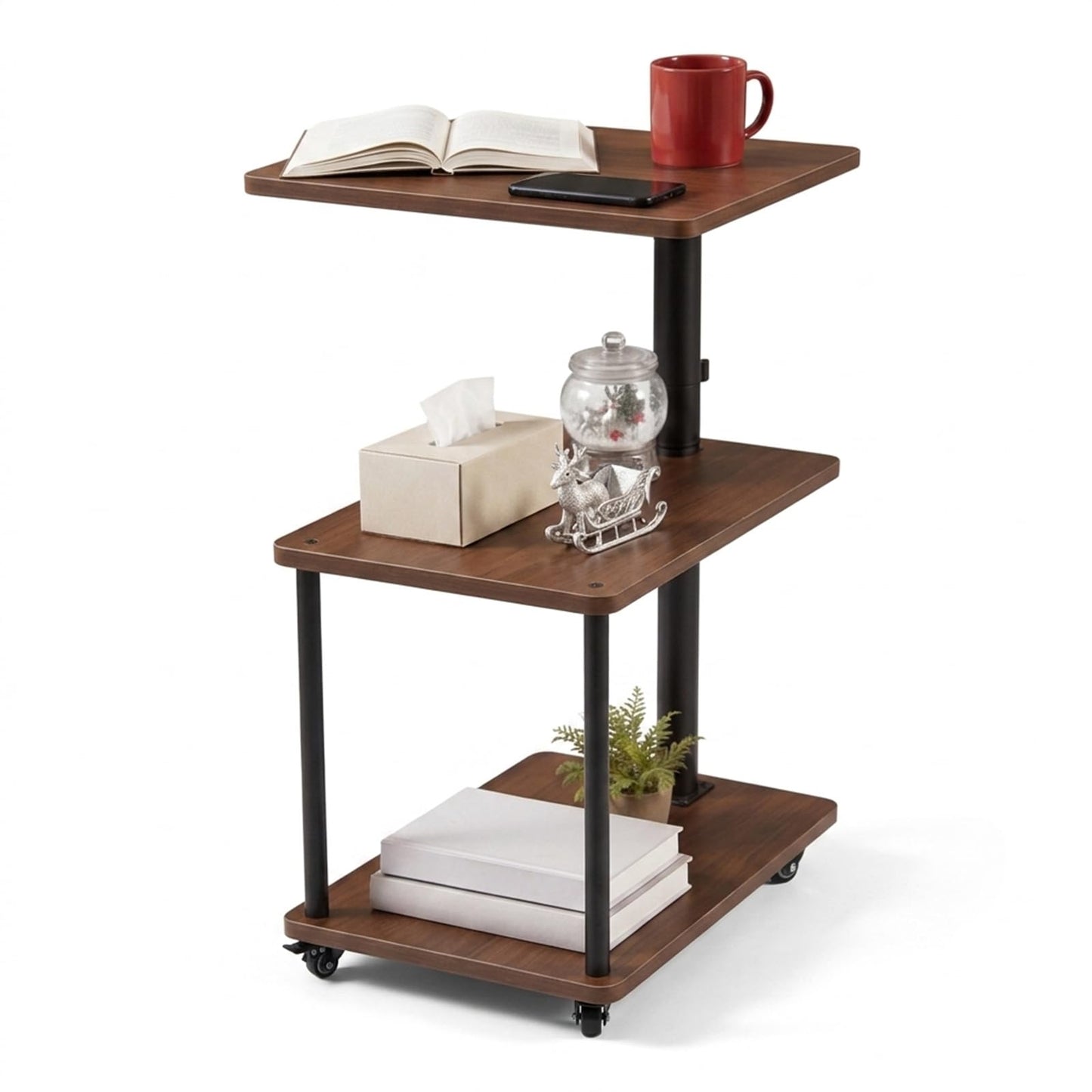 Bingyouth Side Table with Wheels, Adjustable Sofa Table with 360° Swivel Top, 3 Tier Small End Table for Living Room and Bedroom